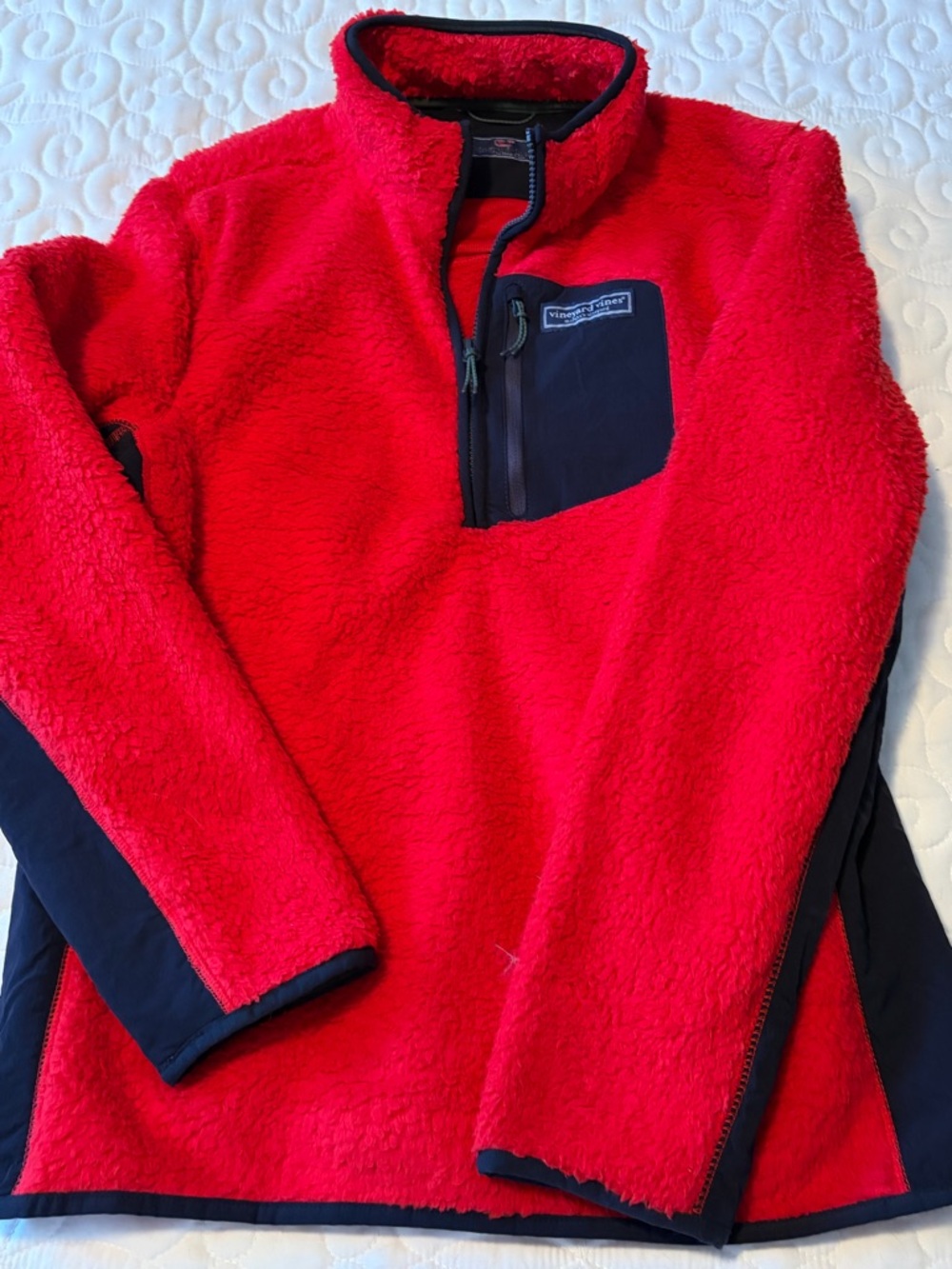Vineyard Vines Red Sherpa Quarter-Zip with Navy Pocket